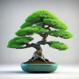 A 3D, stylized image of a deep green bonsai tree, meticulously pruned, with a curving trunk and a lush canopy of tiny leaves.