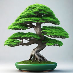 A 3D, stylized image of a deep green bonsai tree, meticulously pruned, with a curving trunk and a lush canopy of tiny leaves.