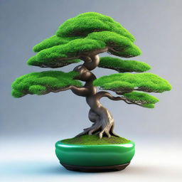 A 3D, stylized image of a deep green bonsai tree, meticulously pruned, with a curving trunk and a lush canopy of tiny leaves.