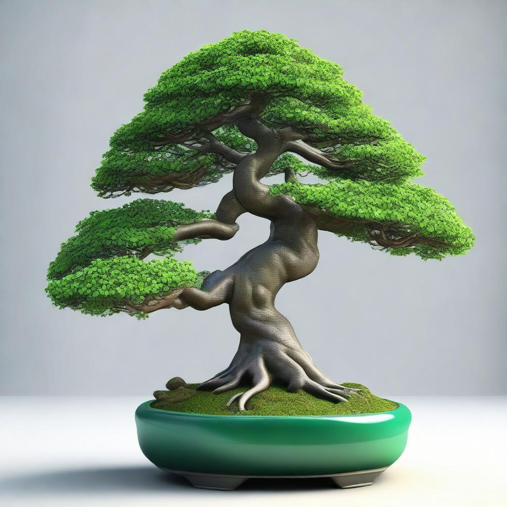 A 3D, stylized image of a deep green bonsai tree, meticulously pruned, with a curving trunk and a lush canopy of tiny leaves.