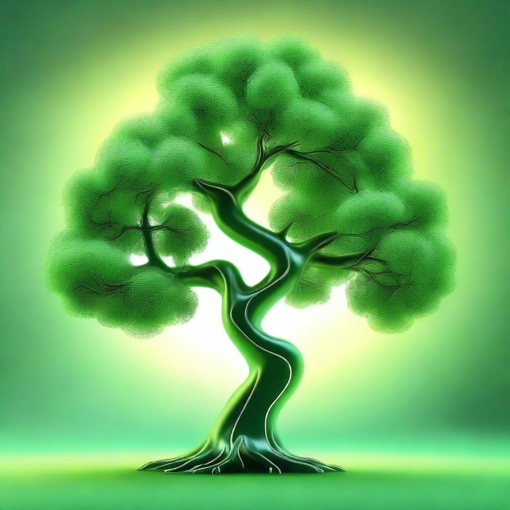 A 3D, stylized image of a fantasy green tree, with vibrant foliage and a winding trunk, exuding an aura of magic and mystery.