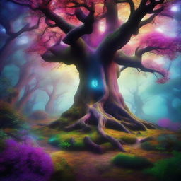 A 3D image of a mystic fantasy forest, filled with towering, ancient trees, magical glowing plants, and colors that seem to come alive with enchantment.