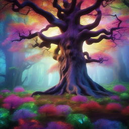 A 3D image of a mystic fantasy forest, filled with towering, ancient trees, magical glowing plants, and colors that seem to come alive with enchantment.