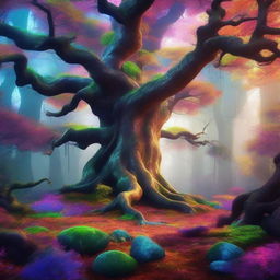 A 3D image of a mystic fantasy forest, filled with towering, ancient trees, magical glowing plants, and colors that seem to come alive with enchantment.