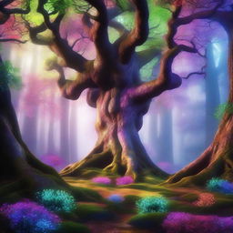 A 3D image of a mystic fantasy forest, filled with towering, ancient trees, magical glowing plants, and colors that seem to come alive with enchantment.