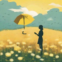 A 2D art depiction of a sunny dandelion field with a woman standing amidst, delicately holding an umbrella