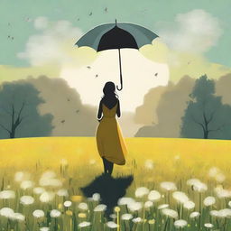 A 2D art depiction of a sunny dandelion field with a woman standing amidst, delicately holding an umbrella