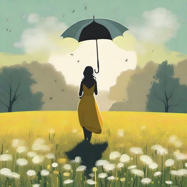 A 2D art depiction of a sunny dandelion field with a woman standing amidst, delicately holding an umbrella