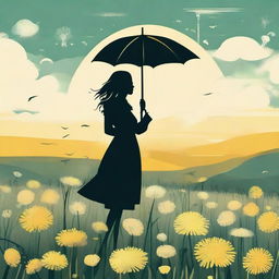 A 2D art depiction of a sunny dandelion field with a woman standing amidst, delicately holding an umbrella