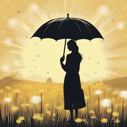 A 2D art depiction of a sunny dandelion field with a woman standing amidst, delicately holding an umbrella