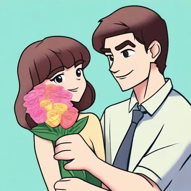 The character proffers a bouquet of flowers to his crush, hoping to win her affection.