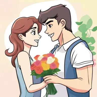 The character proffers a bouquet of flowers to his crush, hoping to win her affection.