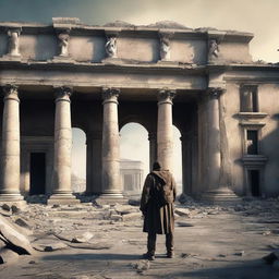 A captivating 3D image depicting a lone survivor amidst an apocalyptic European period backdrop. The survivor stands in stark contrast to grand, yet crumbling, old-world architecture.