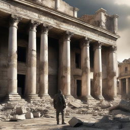 A captivating 3D image depicting a lone survivor amidst an apocalyptic European period backdrop. The survivor stands in stark contrast to grand, yet crumbling, old-world architecture.