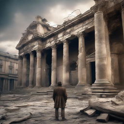 A captivating 3D image depicting a lone survivor amidst an apocalyptic European period backdrop. The survivor stands in stark contrast to grand, yet crumbling, old-world architecture.