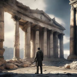 A captivating 3D image depicting a lone survivor amidst an apocalyptic European period backdrop. The survivor stands in stark contrast to grand, yet crumbling, old-world architecture.