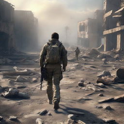 Generate a detailed 3D image of a lone survivor navigating through an apocalyptic, decimated environment. The character should display a sense of endurance and resilience.