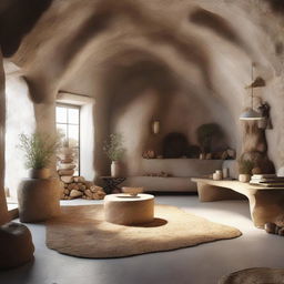 A fascinating 3D visualization of a once-raw cave now innovatively modified into a cozy, functional home with earthy decor and strategic use of natural light sources.