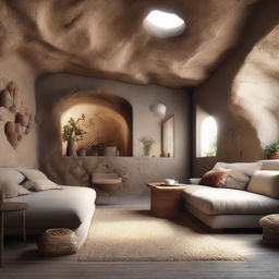 A fascinating 3D visualization of a once-raw cave now innovatively modified into a cozy, functional home with earthy decor and strategic use of natural light sources.