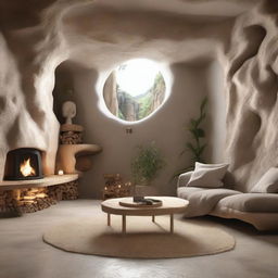 A fascinating 3D visualization of a once-raw cave now innovatively modified into a cozy, functional home with earthy decor and strategic use of natural light sources.