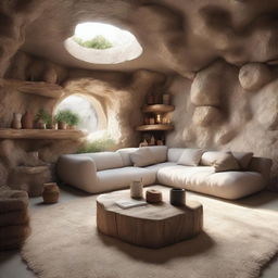 A fascinating 3D visualization of a once-raw cave now innovatively modified into a cozy, functional home with earthy decor and strategic use of natural light sources.