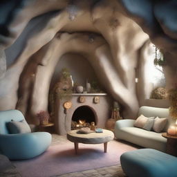 An enchanting 3D image of a cave, cleverly converted into a fantastical home featuring unconventional, fairy-tale like elements and whimsical decor, without the touch of modern amenities.