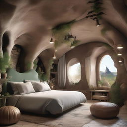 An enchanting 3D image of a cave, cleverly converted into a fantastical home featuring unconventional, fairy-tale like elements and whimsical decor, without the touch of modern amenities.