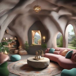 An enchanting 3D image of a cave, cleverly converted into a fantastical home featuring unconventional, fairy-tale like elements and whimsical decor, without the touch of modern amenities.