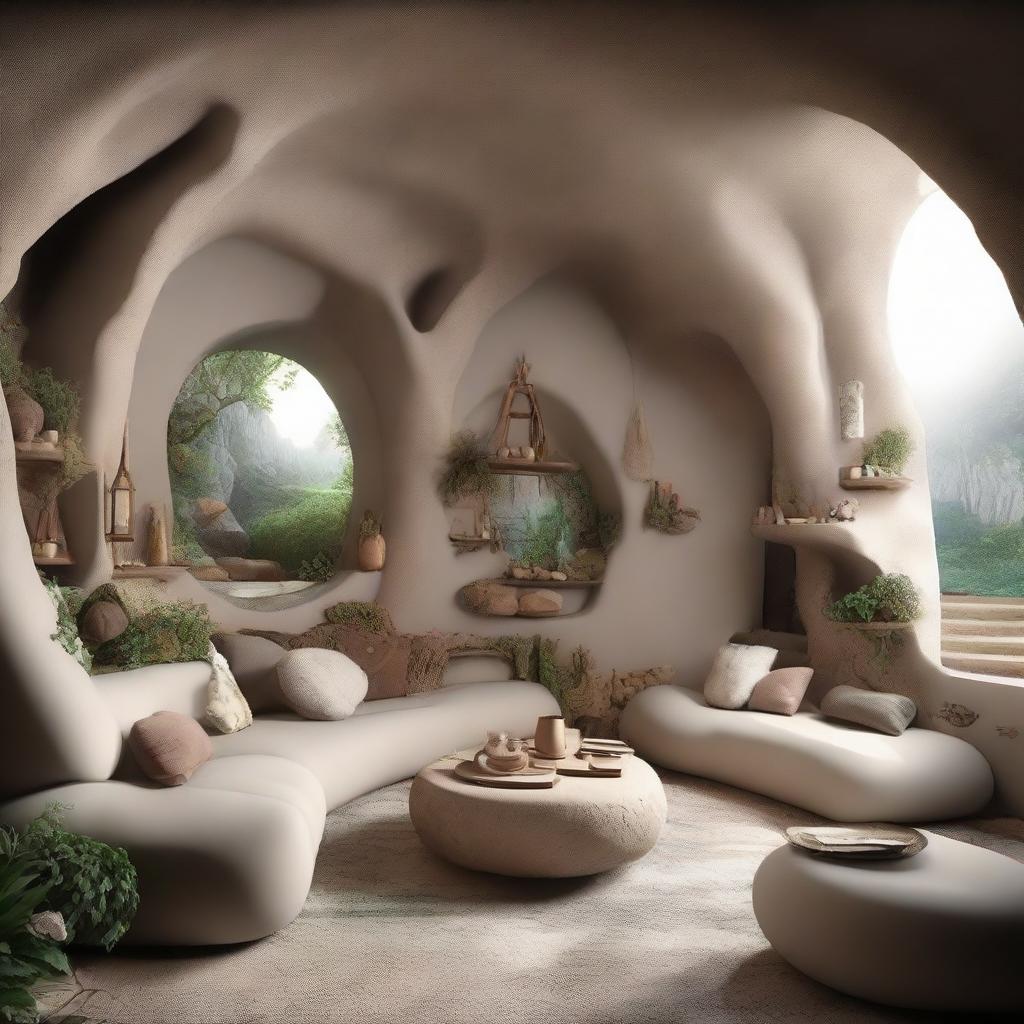 An enchanting 3D image of a cave, cleverly converted into a fantastical home featuring unconventional, fairy-tale like elements and whimsical decor, without the touch of modern amenities.