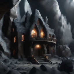 Adjust the 3D image of the fantastical cave home to exhibit a darker, more ominous atmosphere with fortified structures, emphasizing an air of impregnable security and isolation.