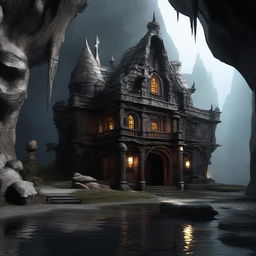 Adjust the 3D image of the fantastical cave home to exhibit a darker, more ominous atmosphere with fortified structures, emphasizing an air of impregnable security and isolation.