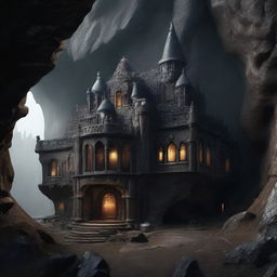 Adjust the 3D image of the fantastical cave home to exhibit a darker, more ominous atmosphere with fortified structures, emphasizing an air of impregnable security and isolation.