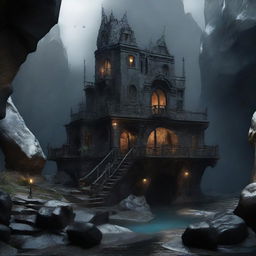 Adjust the 3D image of the fantastical cave home to exhibit a darker, more ominous atmosphere with fortified structures, emphasizing an air of impregnable security and isolation.