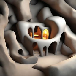 Modify the previous 3D image by removing the house-like structures, leaving only a small, simple yet complex cave. The cave should retain an air of mystery amidst its humble dimensions.