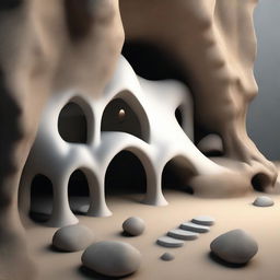 Modify the previous 3D image by removing the house-like structures, leaving only a small, simple yet complex cave. The cave should retain an air of mystery amidst its humble dimensions.