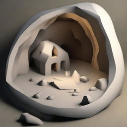 Modify the previous 3D image by removing the house-like structures, leaving only a small, simple yet complex cave. The cave should retain an air of mystery amidst its humble dimensions.