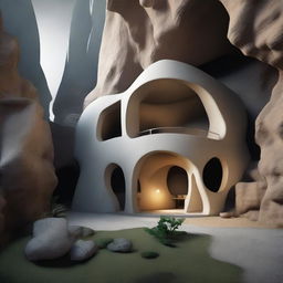 Modify the previous 3D image by removing the house-like structures, leaving only a small, simple yet complex cave. The cave should retain an air of mystery amidst its humble dimensions.