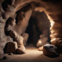 Further adjust the 3D image of the small cave to amplify its realism. Render details with precision, focusing on the texture of the cave walls, the dim natural lighting, and any other elements that improve the sense of authenticity.