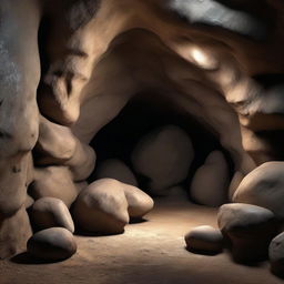 Further adjust the 3D image of the small cave to amplify its realism. Render details with precision, focusing on the texture of the cave walls, the dim natural lighting, and any other elements that improve the sense of authenticity.