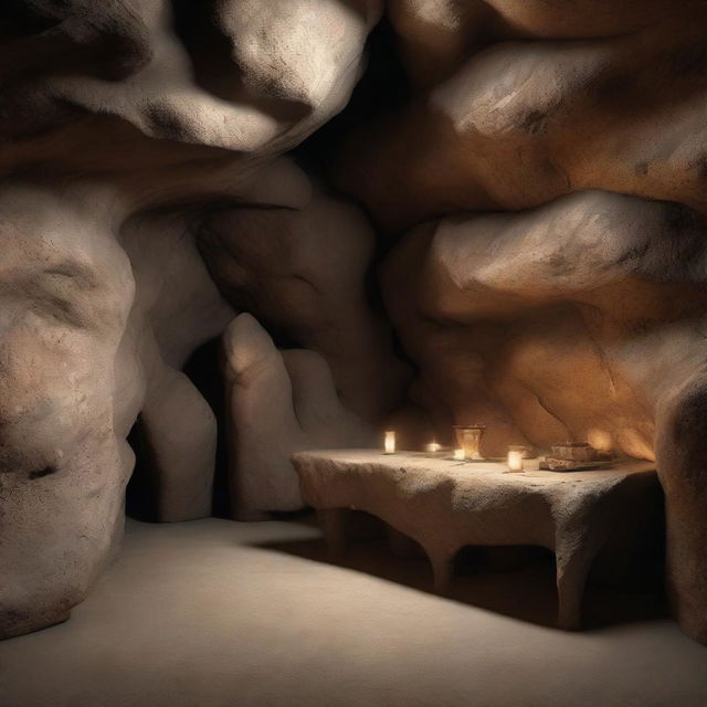 Further adjust the 3D image of the small cave to amplify its realism. Render details with precision, focusing on the texture of the cave walls, the dim natural lighting, and any other elements that improve the sense of authenticity.