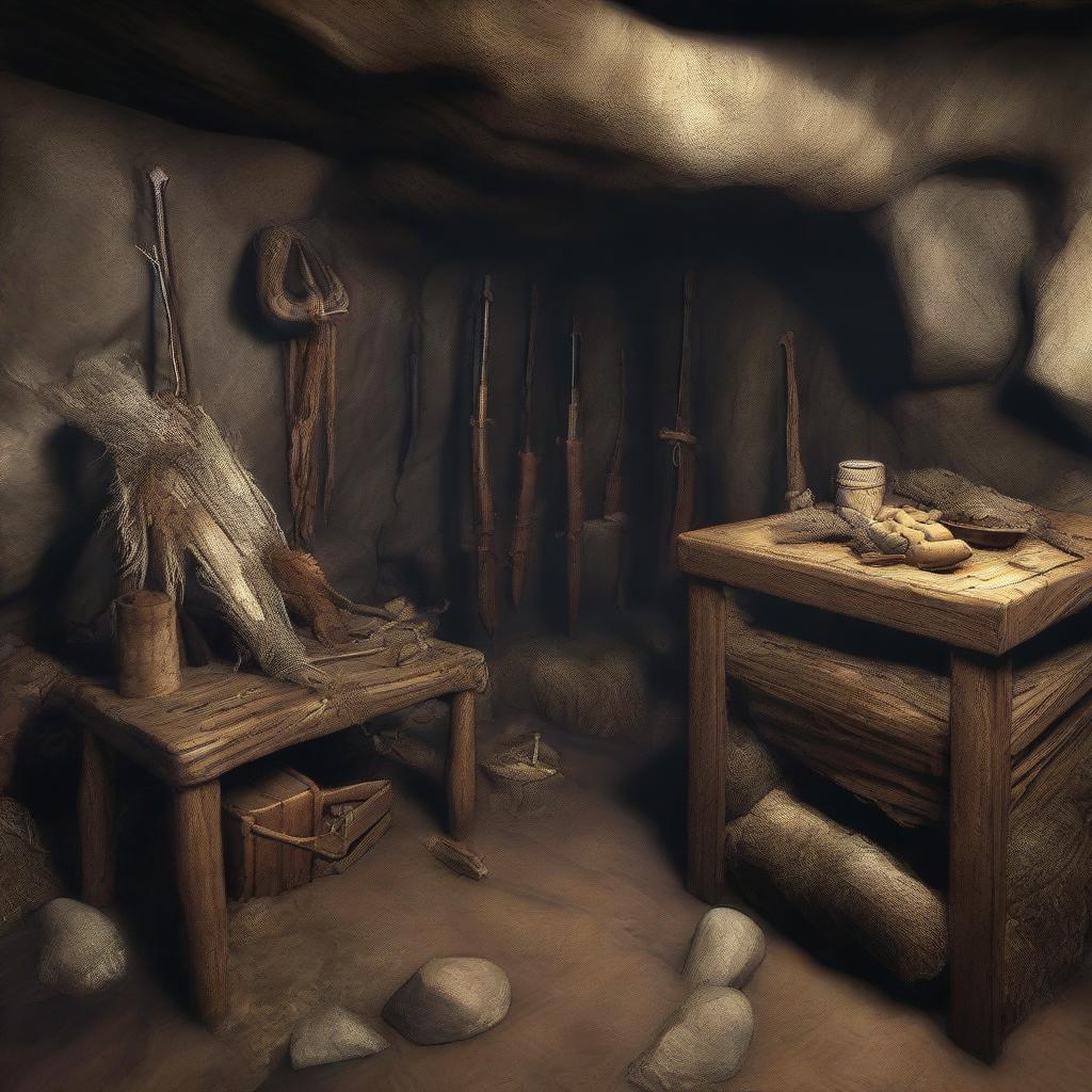 Enhance the realistic 3D cave image by adding three closed chests, a collection of primitive hunting weapons, and a rudimentary bed constructed of wood and draped with animal fur.