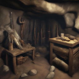 Enhance the realistic 3D cave image by adding three closed chests, a collection of primitive hunting weapons, and a rudimentary bed constructed of wood and draped with animal fur.