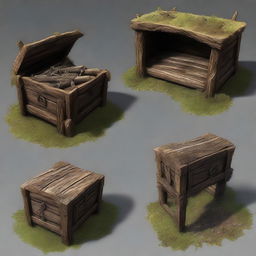 Enhance the realistic 3D cave image by adding three closed chests, a collection of primitive hunting weapons, and a rudimentary bed constructed of wood and draped with animal fur.