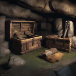 Enhance the realistic 3D cave image by adding three closed chests, a collection of primitive hunting weapons, and a rudimentary bed constructed of wood and draped with animal fur.