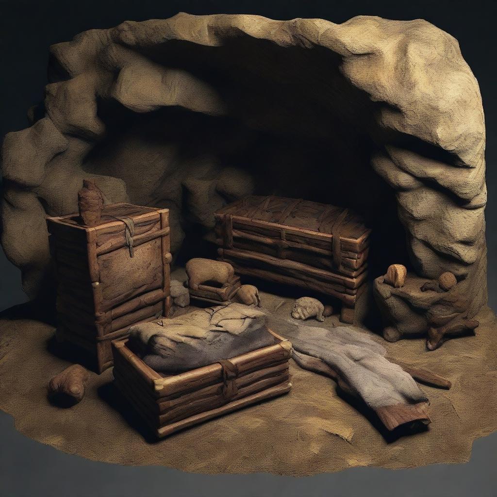 Enhance the realistic 3D cave image by adding three closed chests, a collection of primitive hunting weapons, and a rudimentary bed constructed of wood and draped with animal fur.