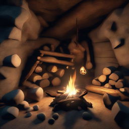 Finalize the scene in the 3D cave image by centrally locating a blazing campfire. It should cast flickering shadows around the cave and illuminate the featured items, thus lending warmth to this rustic dwelling.