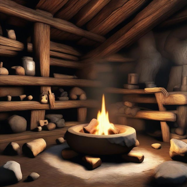 Finalize the scene in the 3D cave image by centrally locating a blazing campfire. It should cast flickering shadows around the cave and illuminate the featured items, thus lending warmth to this rustic dwelling.