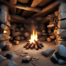 Finalize the scene in the 3D cave image by centrally locating a blazing campfire. It should cast flickering shadows around the cave and illuminate the featured items, thus lending warmth to this rustic dwelling.