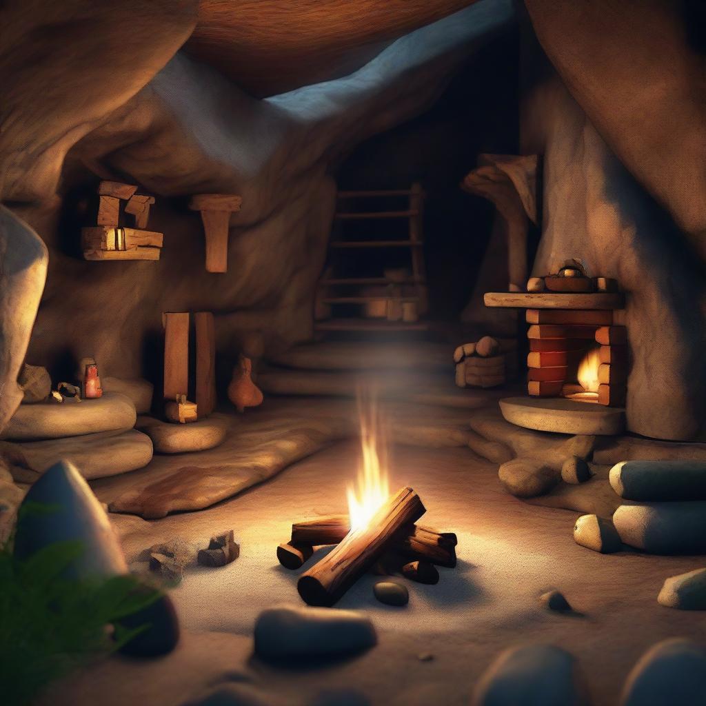 Finalize the scene in the 3D cave image by centrally locating a blazing campfire. It should cast flickering shadows around the cave and illuminate the featured items, thus lending warmth to this rustic dwelling.