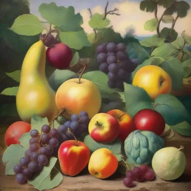 The fruitfulness of the soil in the painting is depicted through the vibrant colors and thriving plants.